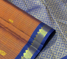 Sahana- Gorgeous Rust with Blue Jari Oosi Checks with Buttas Handwoven Pure Jari Kanjivaram Silk with small beautiful borders rich pallu and contrast woven blouse