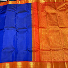 Deep MS Blue with Fanta Orange Handwoven Pure Jari Korvai Kanjivaram Silk Saree Beauty