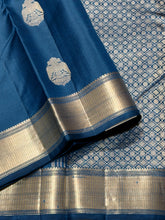 Sahana- Stunning Deep Sapphire Blue Monotone Handwoven Pure Kanjivaram Silk with Twisted Silver & Gold Zari Gandaberundas woven body with rich seepurekku borders rich pallu and self colored blouse