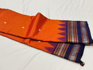 Rustic Orange with Navy Blue Buttas with temple borders Korvai Zariless Handwoven Pure Kanjivaram Silk Saree Beauty
