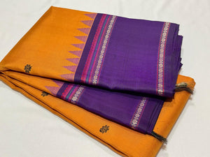 Mango Mustard with Purple Buttas Korvai Handwoven Pure Zariless Kanjivaram Silk Saree with temple borders beauty