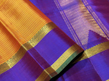 Mustard with Purple Striped Handwoven Pure Light Weight Kanjivaram Silk Saree Beauty