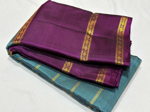 Teal blue with deep wine Beldhari Stripes with Long Bordered Handwoven Pure Jari Kanjivaram Silk Saree Beauty