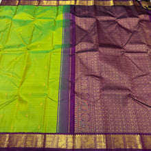 Vaibhogam-Beautiful Parrot Green with Deep Purple Handwoven Pure 2g Jari Korvai with Small Bird Buttas woven Kanjivaram Silk with rich borders gorgeous pallu and contrast woven blouse