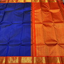 Stunning MS Blue with Bright Orange Handwoven Pure Jari Korvai Kanjivaram Silk Saree with Rich Borders Gorgeous Pallu and Contrast woven blouse