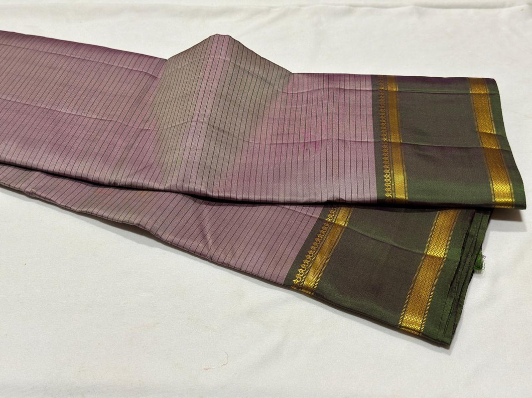 Dual tone pink grey with Green Striped Doublepet Handwoven Pure Light weight Kanjivaram Silk Saree Beauty