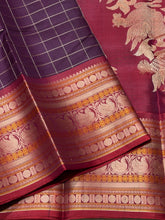Saraswati- Gorgeous Coffee Brown  With Maroonish Red  Handwoven Premium Zariless Kanjivaram Silk with beautiful muthukattam silk checked body with gorgeous varisaipet borders rich sorgavaasal pallu and contrast woven blouse