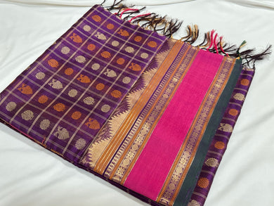 Dark Magenta Purple with Pink Gandaberunda and Mayil Chakram 1000 Buttas Handwoven Premium Kanjivaram Silkcotton Saree Beauty