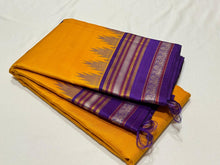 Yellow with Purple Buttas Handwoven Pure Zariless Korvai with temple borders Zariless Kanjivaram Silk Saree Beauty