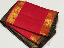 Vaibhogam- Stunning Kanchana Blackish Brown with Deep Red Handwoven Pure Vairaoosi and Neli Veldhari woven Korvai Kanjivaram Silk with broad rettapet borders rich pallu and contrast l woven blouse