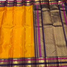 Golden Mustard with Deep Beetlenut Purple Buttas Korvai Handwoven Pure Jari with temple borders Kanjivaram Silk Saree Beauty