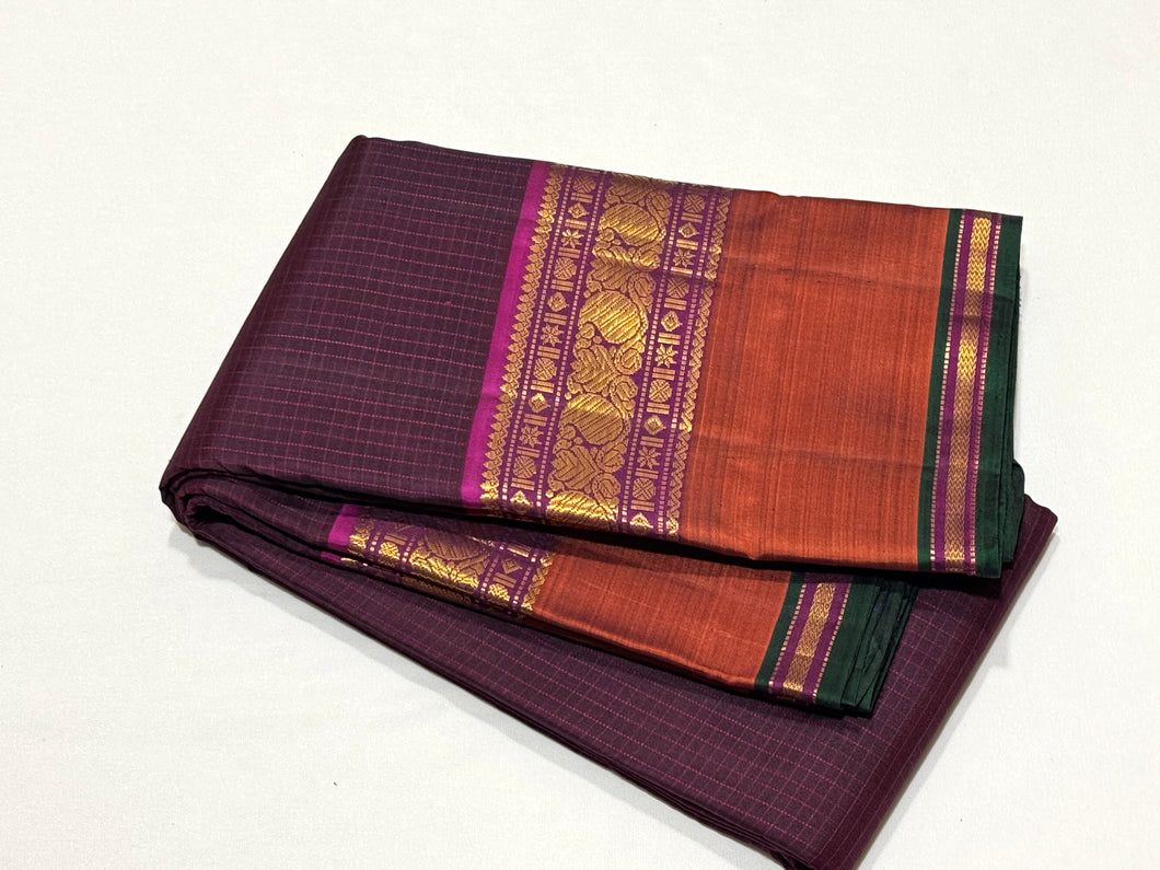 Dark Chocolate Brown with Rust and Deep Magenta Muthukattam Handwoven body with rettapet borders rich pallu and contrast woven blouse beauty