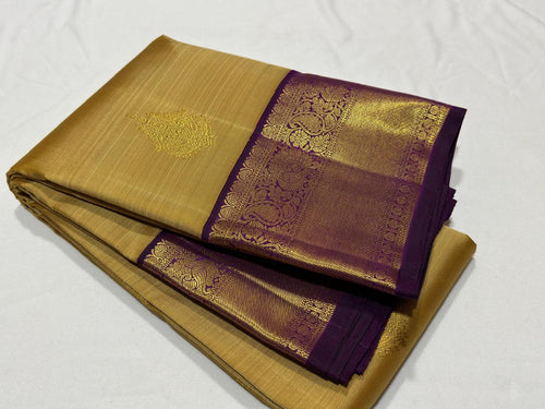 Sandal Color with Deep Purple Korvai Handwoven Pure Jari Kanjivaram Silk Saree with Buttas Beauty