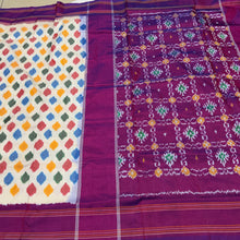 Arabhi- Gorgeous Offwhite with Dark Magenta Handwoven Pure Ikat Silk without Zari woven body with multicolored polka dots with rich pallu and contrast woven blouse
