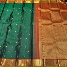 Emerald Green with Rust Buttas Handwoven Pure Jari Kanjivaram Silk Saree with rich borders pallu and contrast woven blouse beauty