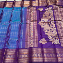 Premium Zariless Weave- Peacock Blue with Deep Purple Muthukattam Checks Handwoven Pure Kanjivaram Silk Saree with Doublepet Borders rich pallu sorgavasal themed with contrast blouse beauty
