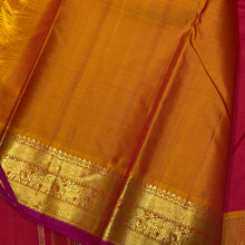 Nayaki- Gorgeous Red with Golden Mustard Handwoven Pure Kanjivaram Silk with beautiful bawanchi borders with rich pallu and contrast woven blouse