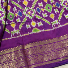 Arabhi- Gorgeous Yellow with Purple Handwoven Pure Double Ikat Silk with beautifully woven body with temples and ikat style woven kanchi borders rich pallu and contrast woven blouse