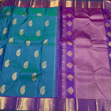 Peacock Blue Green with Purple Muthukattam with Buttas Mayilkan Borders Handwoven Pure Jari Kanjivaram Silk Saree Beauty