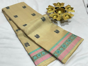 Gorgeous Creamish White With Buttas and Meenakari Borders Handwoven Pure Zariless Soft Kanjivaram Silk Saree Beauty