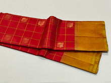Red with Golden Sampanga Checks with 1000 buttas style woven Handwoven Kanjivaram Silk Saree with classy plain borders rich pallu and contrast woven blouse beauty