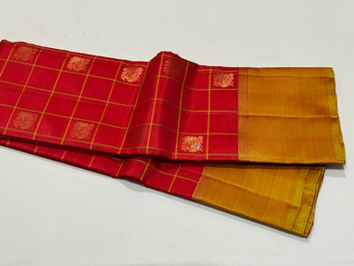 Red with Golden Sampanga Checks with 1000 buttas style woven Handwoven Kanjivaram Silk Saree with classy plain borders rich pallu and contrast woven blouse beauty