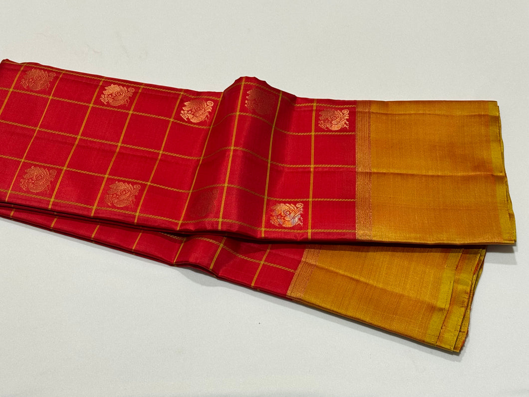 Red with Golden Sampanga Checks with 1000 buttas style woven Handwoven Kanjivaram Silk Saree with classy plain borders rich pallu and contrast woven blouse beauty