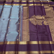 Sahana- Beautiful Smoky Grey with Deep Plum Handwoven Pure Jari Kanjivaram Silk with beautiful buttas woven body with doublepet borders rich tree of life pallu and contrast plum colored blouse