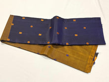 Beautiful Honey Brown and Navy Blue Half and Half Style Woven Handwoven Pure Zariless Kanjivaram with Pattu Buttas Woven body rich navy blue pallu and contrast woven blouse