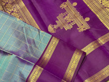 Premium Zariless Weave- Peacock Blue with Deep Purple Muthukattam Checks Handwoven Pure Kanjivaram Silk Saree with Doublepet Borders rich pallu sorgavasal themed with contrast blouse beauty
