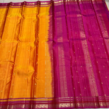 Mango Yellow with Magenta Pink Buttas Handwoven Pure Kanjivaram Silk Saree with intricate borders classy pallu and contrast woven blouse beauty