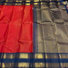 Vaibhogam- Gorgeous Red with Deep Saphire Blue Vairaoosi Handwoven Pure 2g Jari Korvai Kanjivaram Silk with beautiful doublepet borders rich pallu and contrast woven beautiful blouse beauty