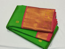 Bright Parrot Green with Coral Pink Handwoven Pure Jari Korvai Kanjivaram Silk Saree with Buttas woven body rich borders pallu and contrast woven blouse beauty