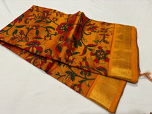 Mustard beauty with Blue Selfcontrast Handwoven Pure Kanjivaram Silkcotton Saree with Handblock Pichwai Prints Beauty