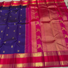 Vaibhogam- Stunning Deep Meenakshi Blue with Tomato Pink Buttas Handwoven Pure 2g Jari Korvai Kanjivaram Silk with rich borders beautiful Birds woven pallu and contrast woven blouse