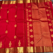 Red with Green Handwoven Pure Jari Kanjivaram Silk Saree with Buttas woven in muthukattam body with rich pallu and contrast Emerald Green Blouse beauty