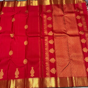 Red with Green Handwoven Pure Jari Kanjivaram Silk Saree with Buttas woven in muthukattam body with rich pallu and contrast Emerald Green Blouse beauty