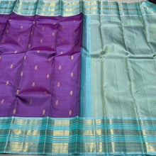 Lilac with Turquoise Blue Handwoven Pure Jari Korvai with Buttas and Varisai borders rich pallu and contrast woven blouse beauty
