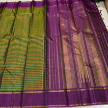 Sahana- Gorgeous Green and Mustard Handwoven Pure Jari Kanjivaram with multichecks kottadi Jari Podikattam with beautiful borders rich pallu and contrast woven wine blouse