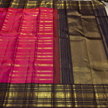 Vaibhogam- Stunning Tomato Reddish Pink with Coffee Brown Handwoven Pure Zari Korvai Kanjivaram Silk with Jari Beldhari Woven Beautiful Body with rich varisaipet borders gorgeous seer rich jari pallu and contrast veldhari striped blouse