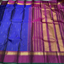 MS Blue with Deep Wine Mallimoggu with Spaced Borders and Green Selvedges Handwoven Pure Jari Kanjivaram Silk Saree Beauty