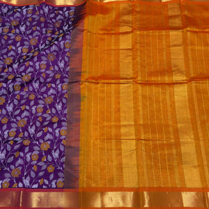 Purple with Orange Handwoven Pure Kanjivaram Silkcotton with Hand Pichwai Block Printed Saree Beauty