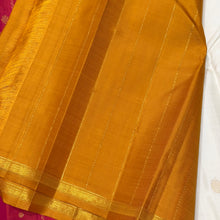 Saranga- Stunning Offwhite with Golden Mustard and Orange Pink Handwoven Pure Jari Small borders kanjivaram silk ,Double Pallu with beautiful mayil chakram buttas woven body rich pallu and contrast zari striped blouse
