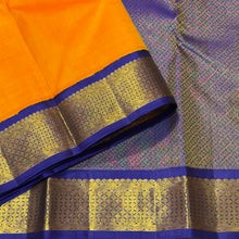 Sarasangi-Gorgeous Mango Orange with Deep Blue Handwoven Jari Korvai Kanjivaram Silk with beautiful borders honey comb design with rich pallu and contrast woven blouse