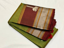 Premium Zariless Vintage Weave- Dual tone Moss Green with Deep Manthulir Handwoven Pure Kanjivaram Silk Saree with Hanging elephants paisleys in borders rich peacocks in shanku woven Pallu and contrast blouse beauty