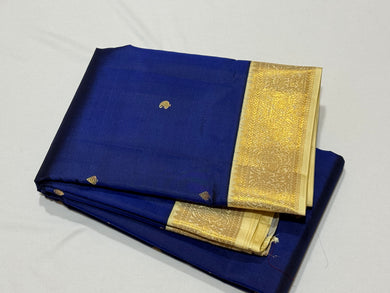 Deep Blue with Creamish White Buttas Korvai Handwoven Pure Kanjivaram Silk Saree with rich borders pallu and contrast woven blouse