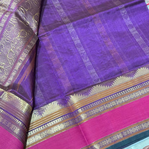 Dark Magenta Purple with Pink Gandaberunda and Mayil Chakram 1000 Buttas Handwoven Premium Kanjivaram Silkcotton Saree Beauty