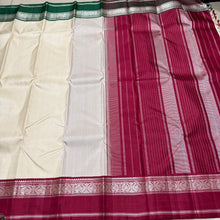 Premium Weave- Offwhite with Ganga Jamuna Korvai Zariless Handwoven Kanjivaram Silk Saree with rich borders classy pallu and contrast woven blouse