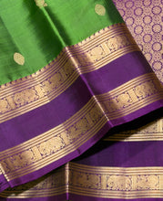 Sahana- Stunning Emerald Green with Dark Purple Buttas Handwoven Pure Kanjivaram Silk with beautiful doublepet borders rich pallu and contrast woven blouse