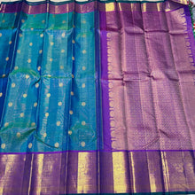 Peacock Blue Green with Purple Vairaoosi with Buttas Handwoven Pure Jari Kanjivaram Silk Saree Beauty with Long & Short Borders